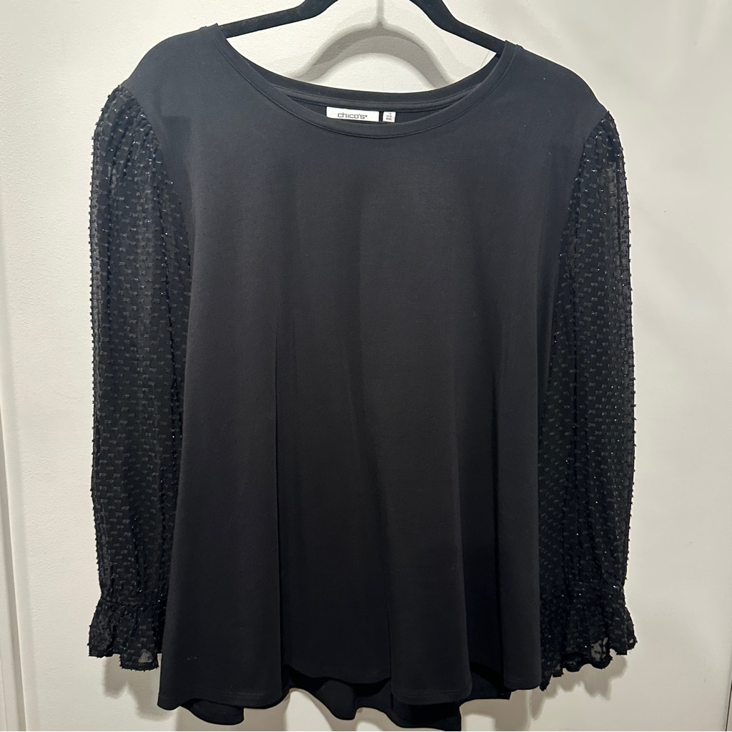 Chico's Black Blouse With Sheer Shimmer Elegant Sleeves - Xxl (Chico 4)